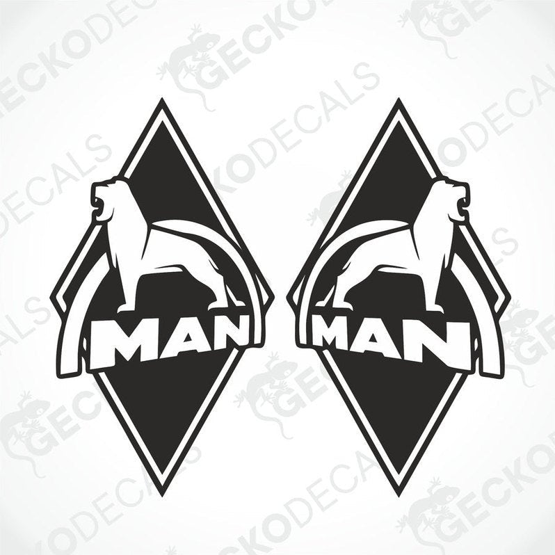 Two black and white vehicle decals featuring the 'MAN' brand logo, designed for use on vehicles such as trucks.