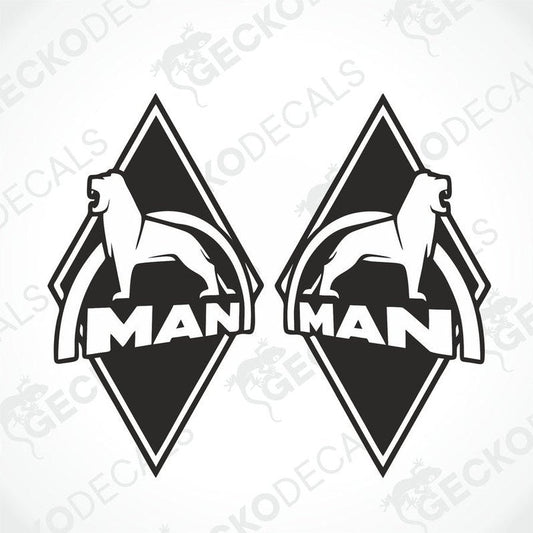 Two black and white vehicle decals featuring the 'MAN' brand logo, designed for use on vehicles such as trucks.