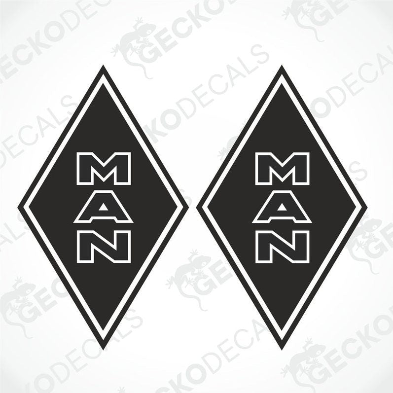 Two black and white diamond-shaped vehicle decals with the word 'MAN' in the center, delivered on transfer paper.