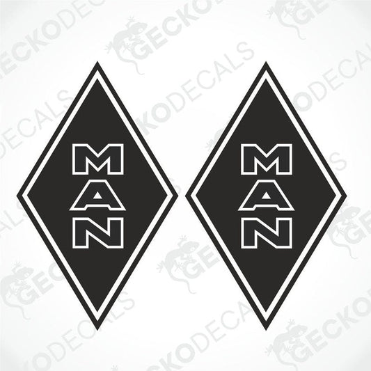 Two black and white diamond-shaped vehicle decals with the word 'MAN' in the center, delivered on transfer paper.