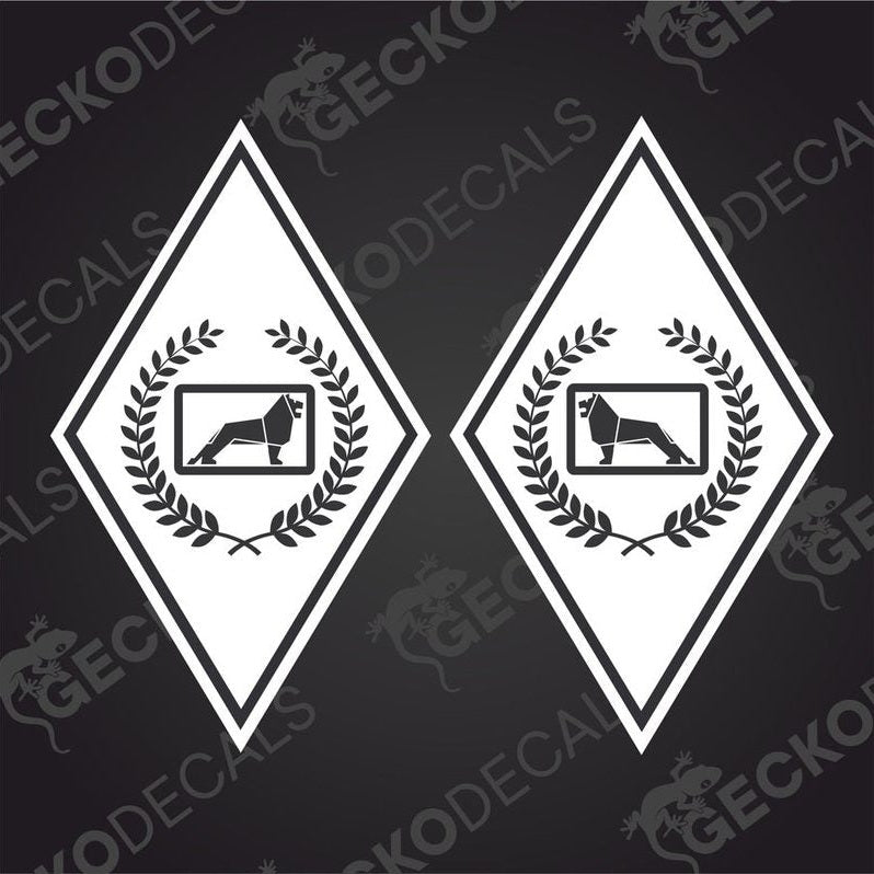 Two white diamond-shaped vehicle decals with a black and gray pattern that includes a lion and laurel wreath design.