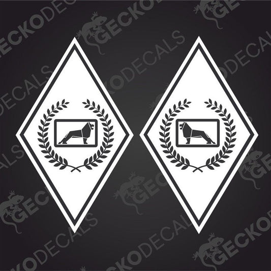 Two white diamond-shaped vehicle decals with a black and gray pattern that includes a lion and laurel wreath design.