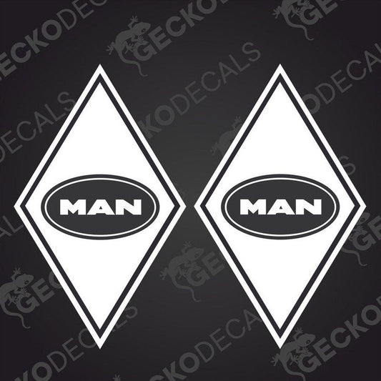Two white diamond-shaped decals with the 'MAN' brand logo in black.