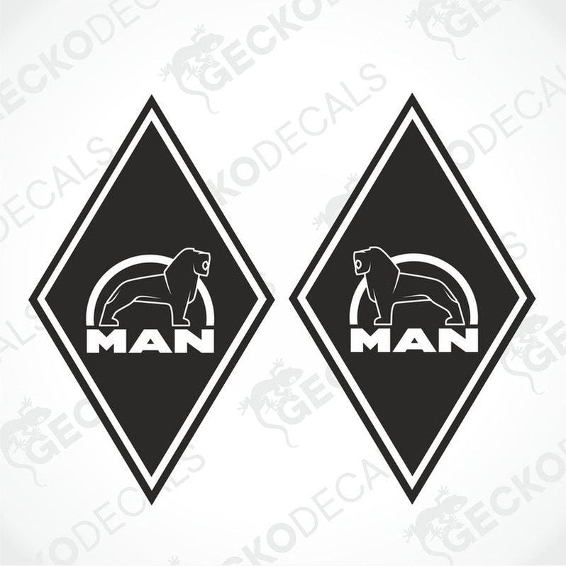 Two black and white diamond-shaped decals with the 'MAN' brand logo on them, intended for use on vehicles.
