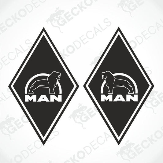 Two black and white diamond-shaped decals with the 'MAN' brand logo on them, intended for use on vehicles.