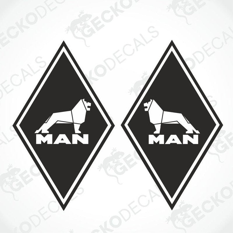 Two black and white rectangular vehicle decals with the 'MAN' brand logo, intended for use on trucks.