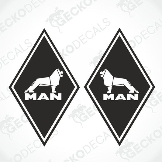 Two black and white rectangular vehicle decals with the 'MAN' brand logo, intended for use on trucks.