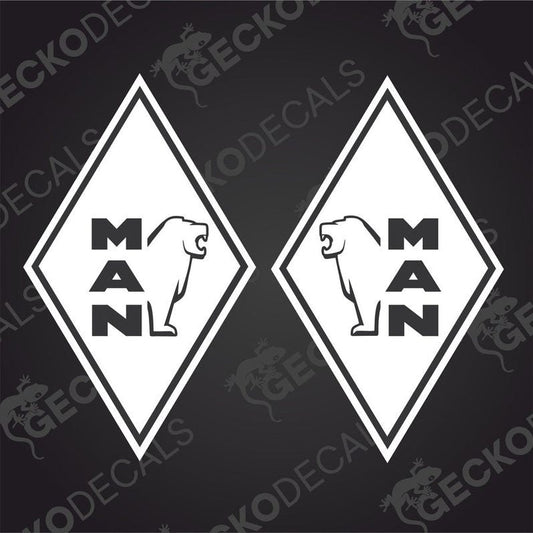 Two white vehicle decals with a diamond and the letters 'MAN' in the center, on a black background with a GeckoDecals watermark.