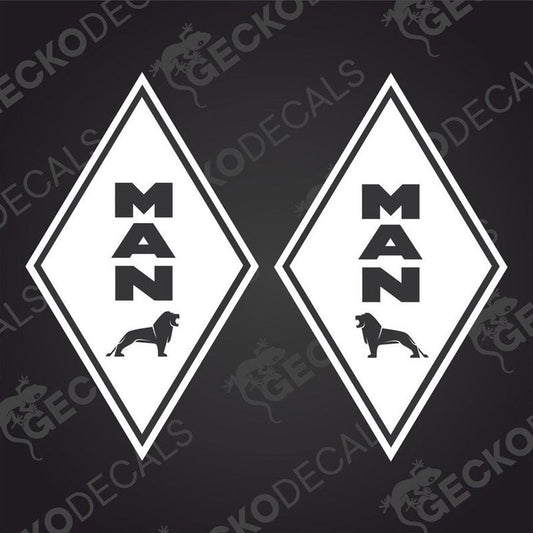 Two black and white vehicle decals with a diamond shape and the word 'MAN' in uppercase letters inside the diamond.