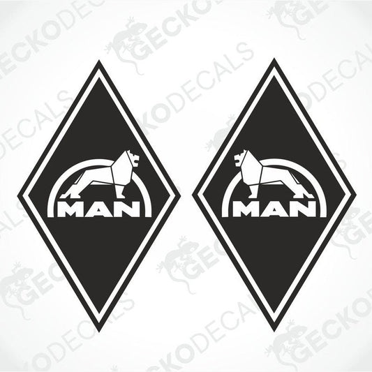 Two black and white vehicle decals with a diamond shape and the word 'MAN' in uppercase letters inside the diamond.