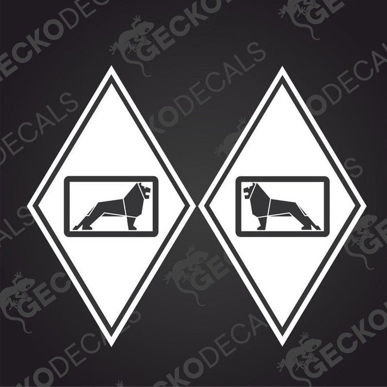 Two black and white vehicle decals with a diamond shape and the word 'MAN' in uppercase letters inside the diamond.