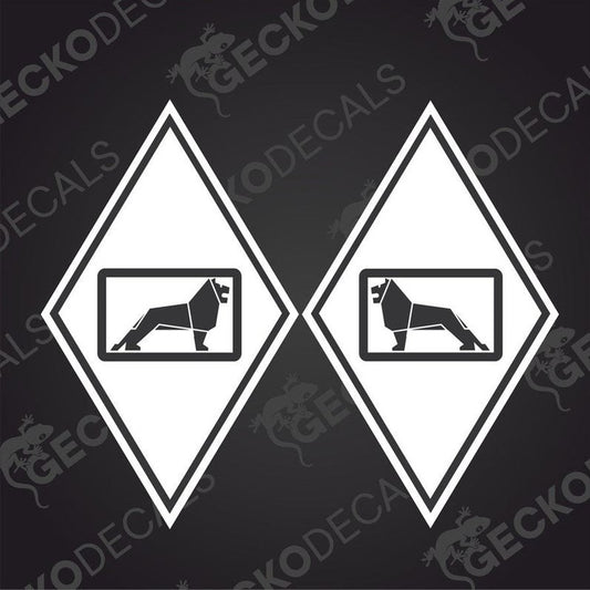 Two black and white vehicle decals with a diamond shape and the word 'MAN' in uppercase letters inside the diamond.