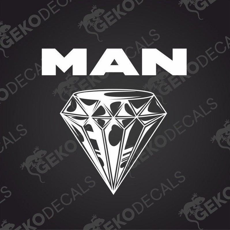 A black die cut sticker with the word 'MAN' and a diamond shape intertwined, indicating a design for a vehicle.