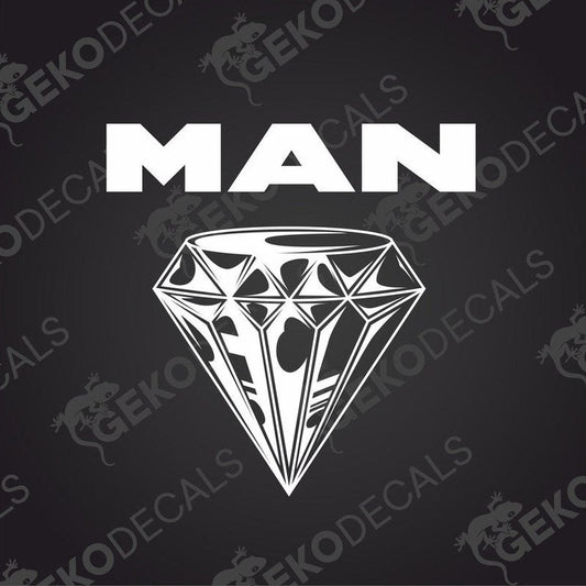 A black die cut sticker with the word 'MAN' and a diamond shape intertwined, indicating a design for a vehicle.