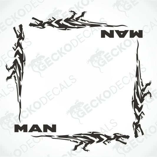 Black MAN dinosaur tribal side window die cut decals for truck interior or exterior