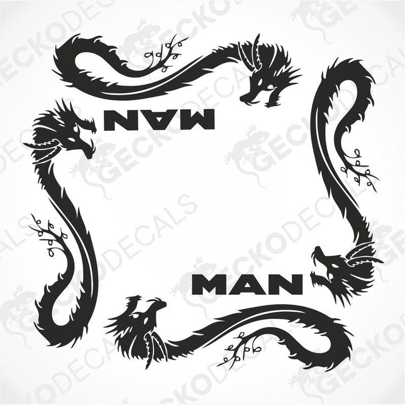 A set of two black die cut decals for side window decoration, featuring a stylized dragon design with the text 'MAN' and 'AN' in a circular arrangement.