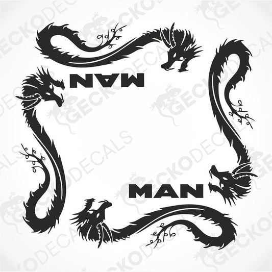 A set of two black die cut decals for side window decoration, featuring a stylized dragon design with the text 'MAN' and 'AN' in a circular arrangement.