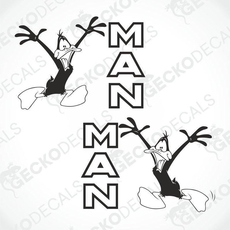 Two black and white decal stickers featuring an illustration of a duck with the letters 'MAN' in bold capital letters.