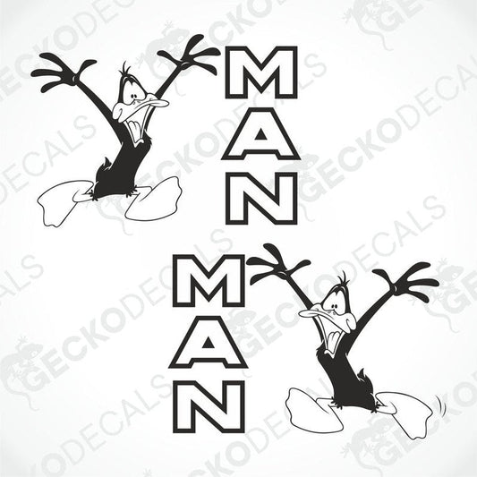 Two black and white decal stickers featuring an illustration of a duck with the letters 'MAN' in bold capital letters.