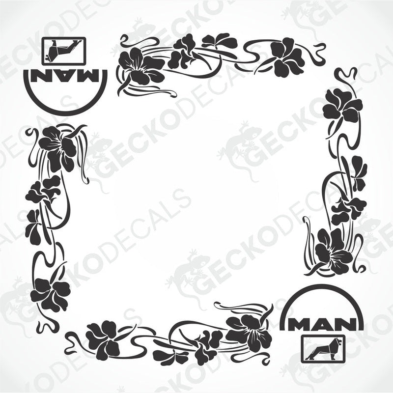 A black and white image of a floral design decal intended for side window decoration, featuring the brand name 'MAN'.