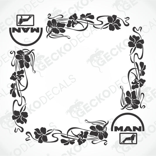 A black and white image of a floral design decal intended for side window decoration, featuring the brand name 'MAN'.