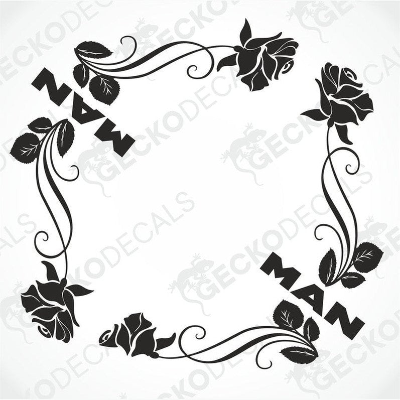 A set of black floral side window decals with the word 'MAN' in the center, surrounded by ornate leaf and rose designs.