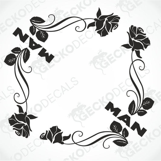 A set of black floral side window decals with the word 'MAN' in the center, surrounded by ornate leaf and rose designs.