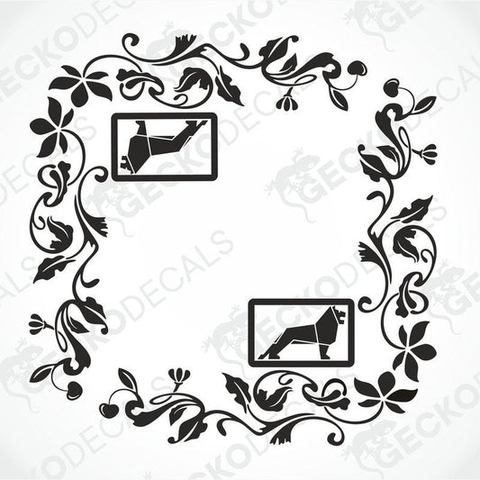 A black and white image of a die-cut floral decal with a silhouette of a man in a suit, designed for use as a vehicle side window decal.