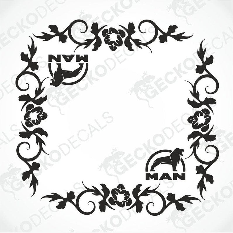 A black floral side window decal with the word 'MAN' repeated in two different positions, delivered on a white background.