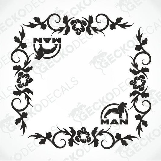 A black floral side window decal with the word 'MAN' repeated in two different positions, delivered on a white background.