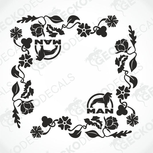 A black and white image of a die-cut floral decal with the 'MAN' brand logo, designed for use as vehicle side window decorations.
