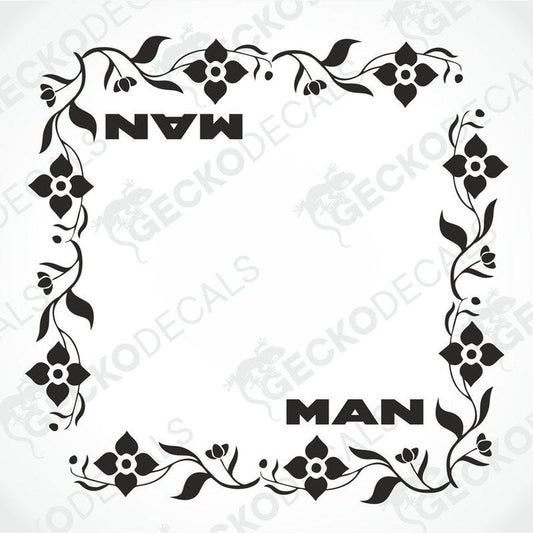 Black floral vine border decal with MAN text for truck side windows
