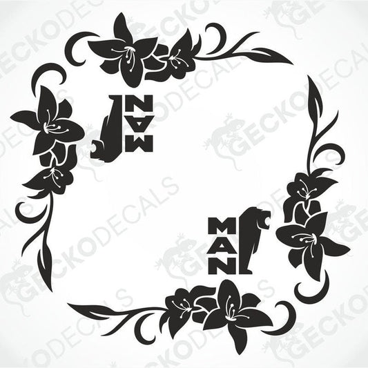 A black floral decal for side window decoration, featuring the text 'MAN' within the design.