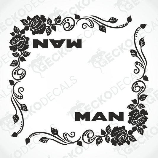 Black floral rose MAN side window decal for truck with swirling vines