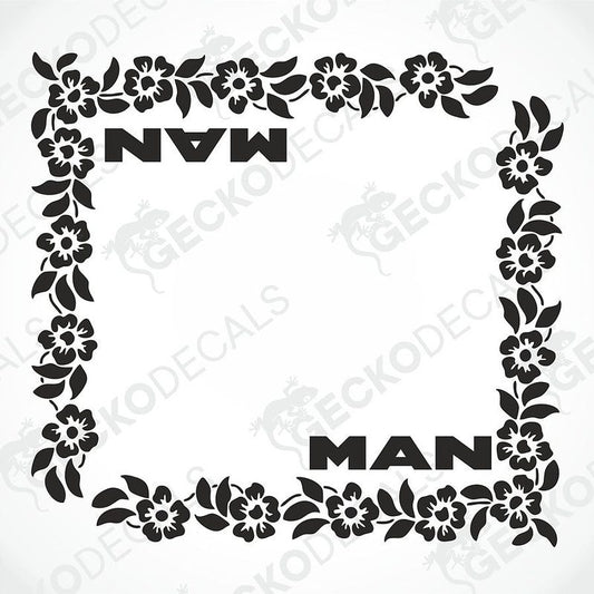 Black floral border frame with the word "MAN" printed inside at the top and bottom.