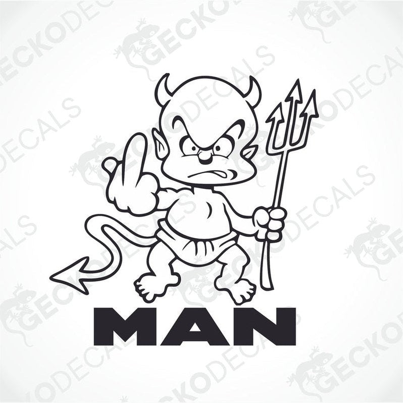 A decal featuring a cartoon illustration of a devilish character with a Trident, holding up a middle finger, with the word 'MAN' below.