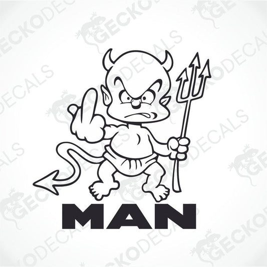 A decal featuring a cartoon illustration of a devilish character with a Trident, holding up a middle finger, with the word 'MAN' below.