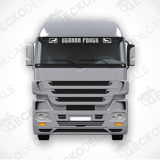 A front view of a truck with a 'German Power' decal on its windscreen.