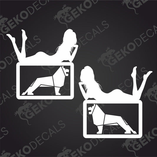 A set of two black vehicle decals depicting a man and a girl, delivered on transfer paper.