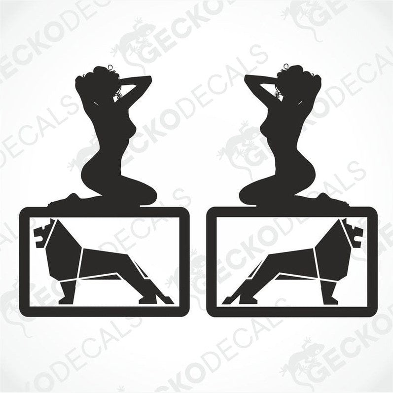 Two black and white vehicle decals, one showing a silhouette of a girl sitting on a man's lap and the other depicting a cow. Both are labeled with 'GeckoDecals'.