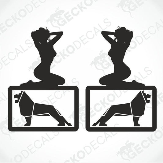 Two black and white vehicle decals, one showing a silhouette of a girl sitting on a man's lap and the other depicting a cow. Both are labeled with 'GeckoDecals'.