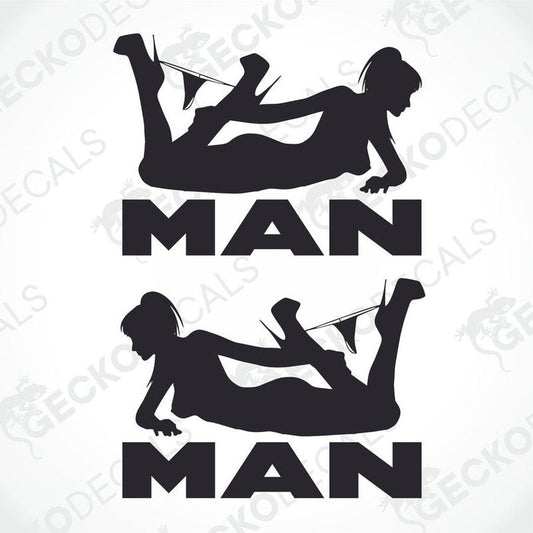 This image features a set of two die-cut decals, each portraying a stylized female silhouette in a playful pose, accompanied by the word "MAN" in bold, capital letters. The decals are designed for versatile use, suitable for both interior and exterior applications, and are delivered on a transfer paper for easy application.