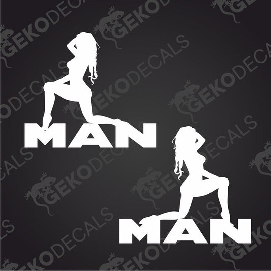 A set of two black decals, one depicting a stylized man and the other a woman, with the word 'MAN' and 'GIRL' above them.
