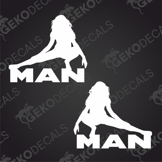 A set of two decals, one depicting a stylized female figure in a dynamic pose with the word 'MAN', and the other is with girl mirror image. 