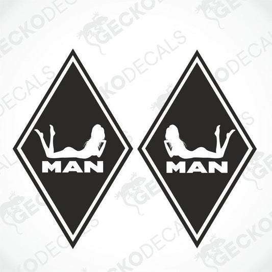 Two black and white diamond-shaped decals with the words 'MAN' and 'GIRL' on them, designed for vehicle decoration.