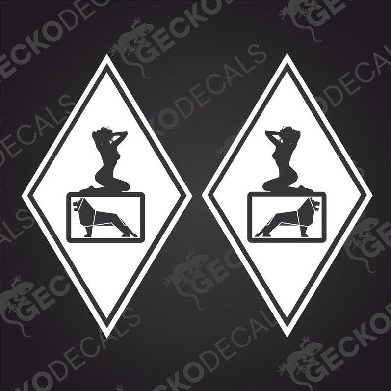 A set of two black decals, one depicting a man sitting on a girl, and the other showing a girl sitting on a man, both in a diamond shape, with a white background and no other visible text or graphics.