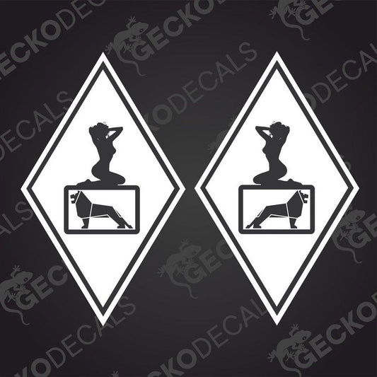 A set of two black decals, one depicting a man sitting on a girl, and the other showing a girl sitting on a man, both in a diamond shape, with a white background and no other visible text or graphics.
