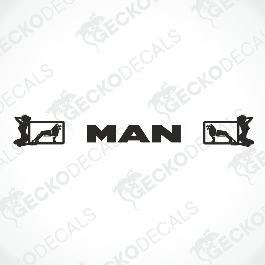 A die cut decal with the text 'MAN GIRLS WINDSCREEN' positioned on a representation of a truck windscreen.