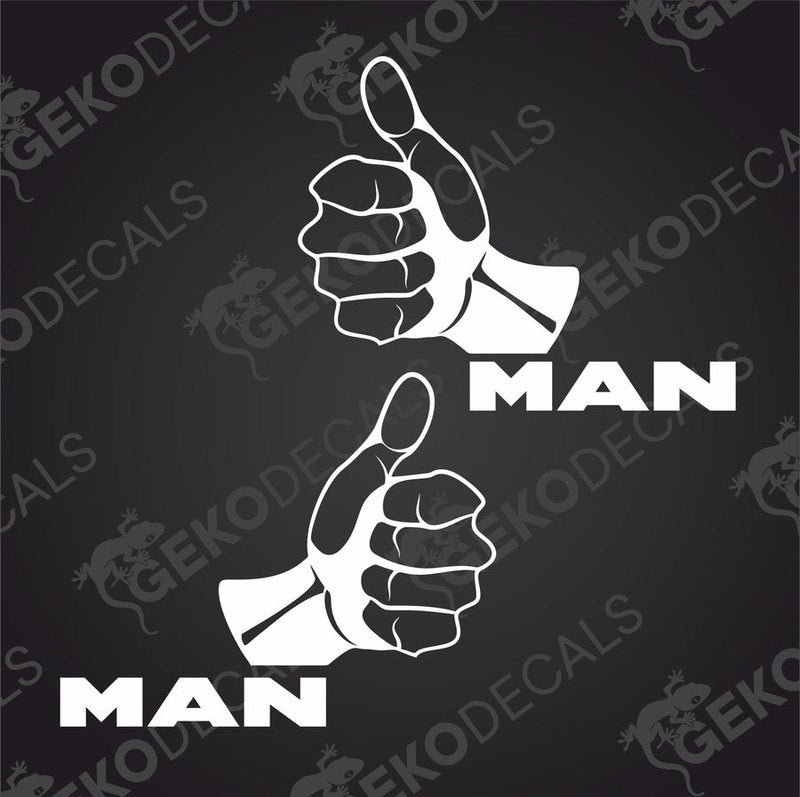 Two white square stickers with a thumbs up gesture and the text 'MAN' repeated twice in a bold font.