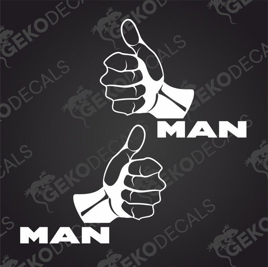 Two white square stickers with a thumbs up gesture and the text 'MAN' repeated twice in a bold font.